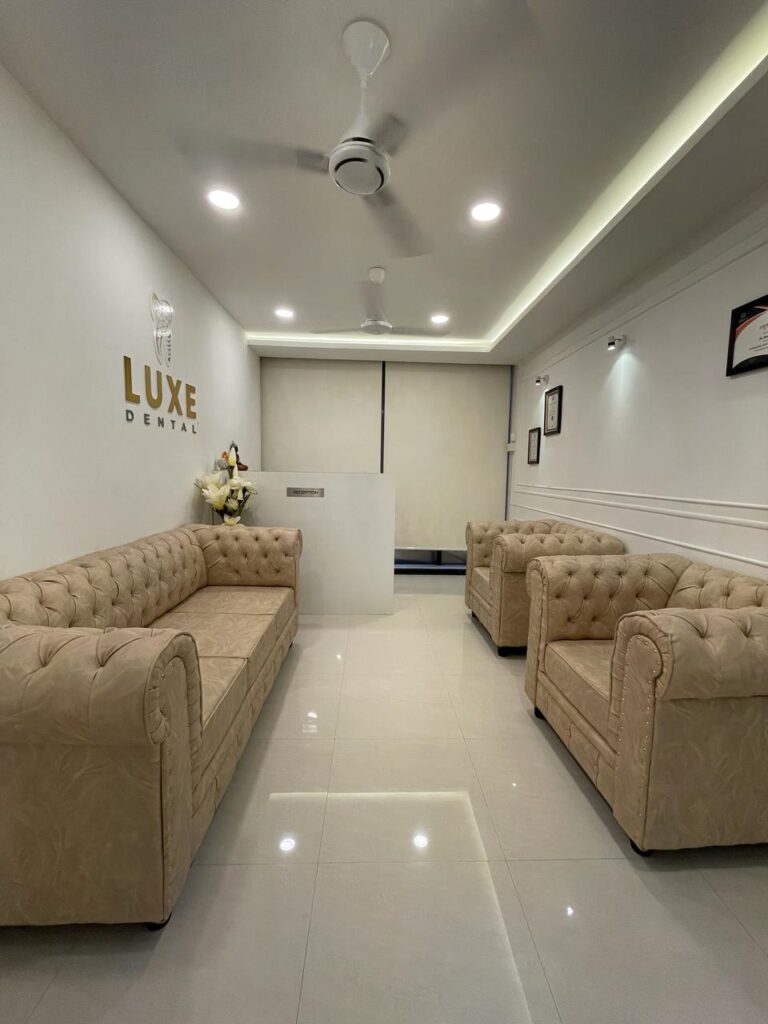 Reception and waiting lounge at Luxe Dental Clinic