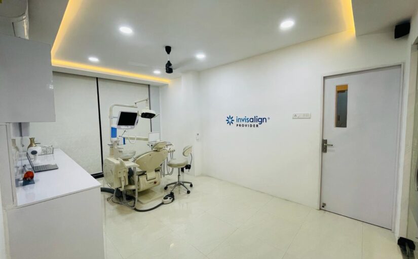 Treatment room with dental chair and Invisalign sign