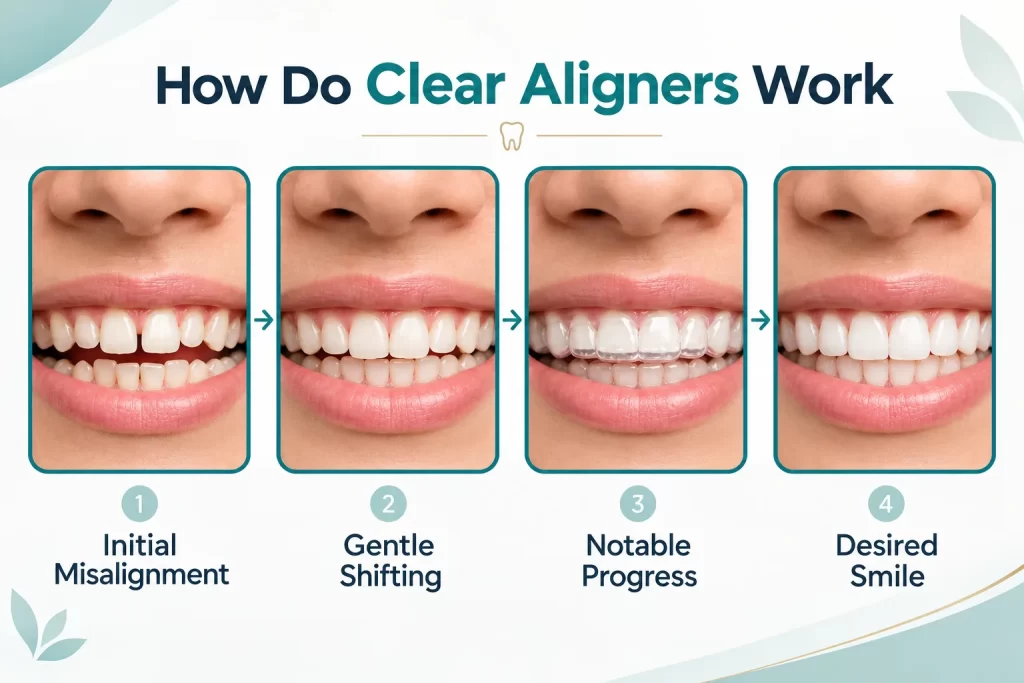 Illustration: four stages of clear aligner treatment closing a gap between the front teeth