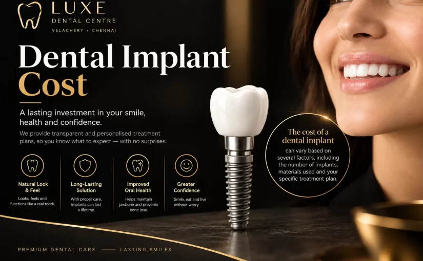 Illustration: dental implant cost graphic showing an implant post with a crown beside a smiling face, Luxe Dental Clinic, Velachery