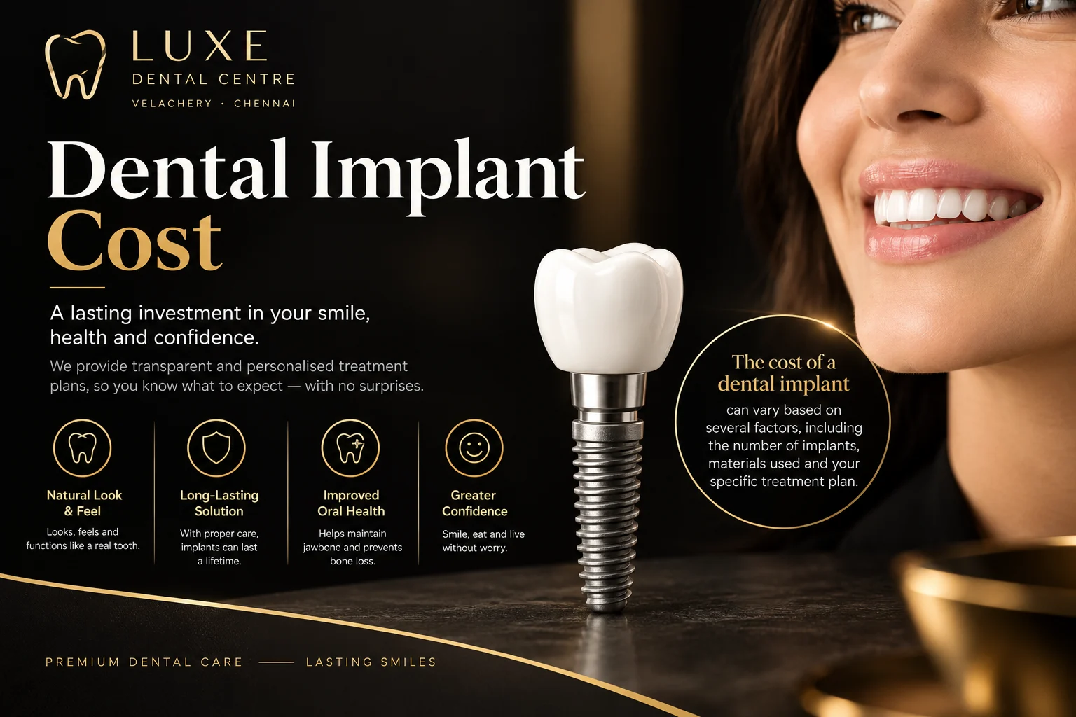 Illustration: dental implant cost graphic showing an implant post with a crown beside a smiling face, Luxe Dental Clinic, Velachery