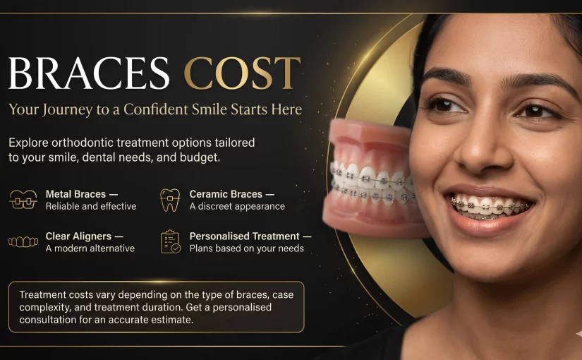 Illustration, not a patient of our clinic: braces cost graphic with a smiling woman wearing braces, a dental model and notes on metal braces, ceramic braces and clear aligners